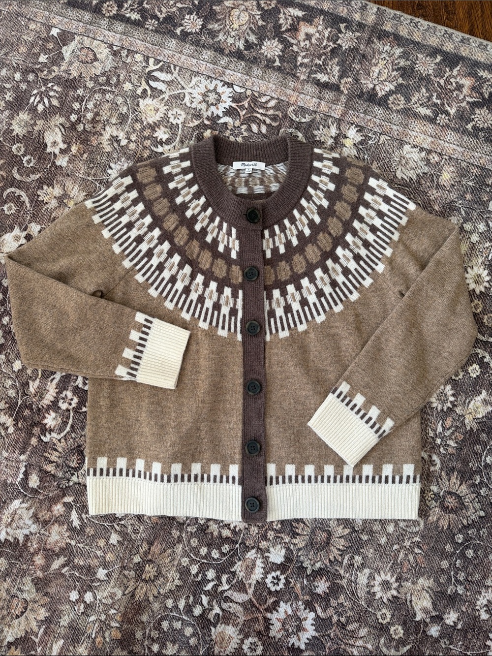 Madewell Brown and Cream Geometric Yoke Cardigan